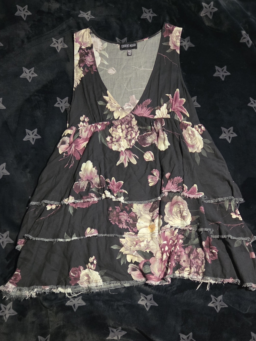 Current Mood Dark Floral Raw-Hem Tiered Babydoll Dress